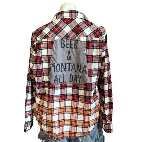 Beer & Montana All Day Flannel Plaid Shirt Shacket MEDIUM Oversize Unique Retro - Picture 1 of 6